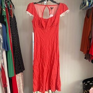 wild fable Pink Polka Dot Maxi Dress with Lace Trim Puff Sleeves and Open Back